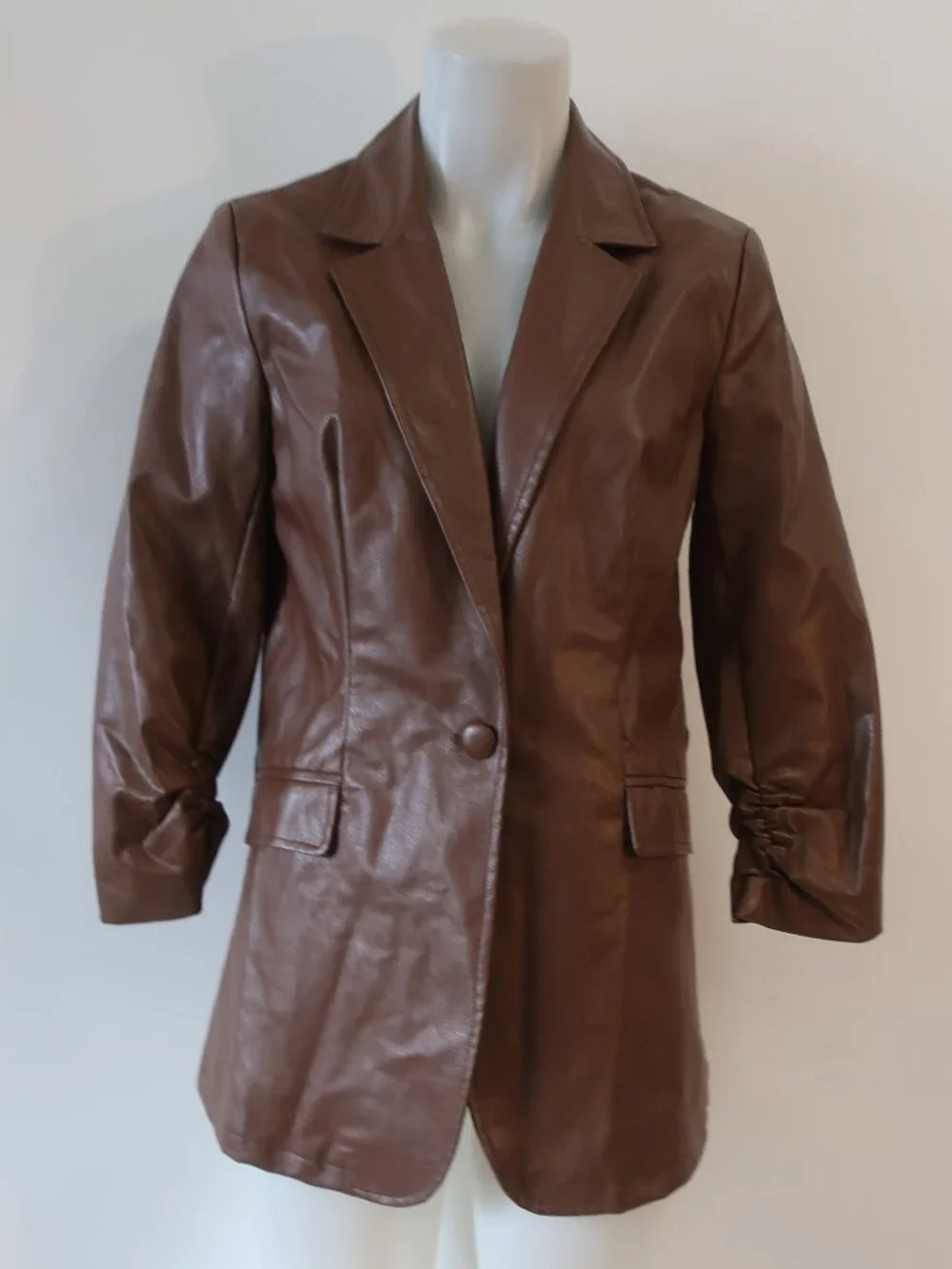 NWT Womens Six/Fifty Brown (Item-307) PU Faux Leather Vienna Oversized Blazer XS
